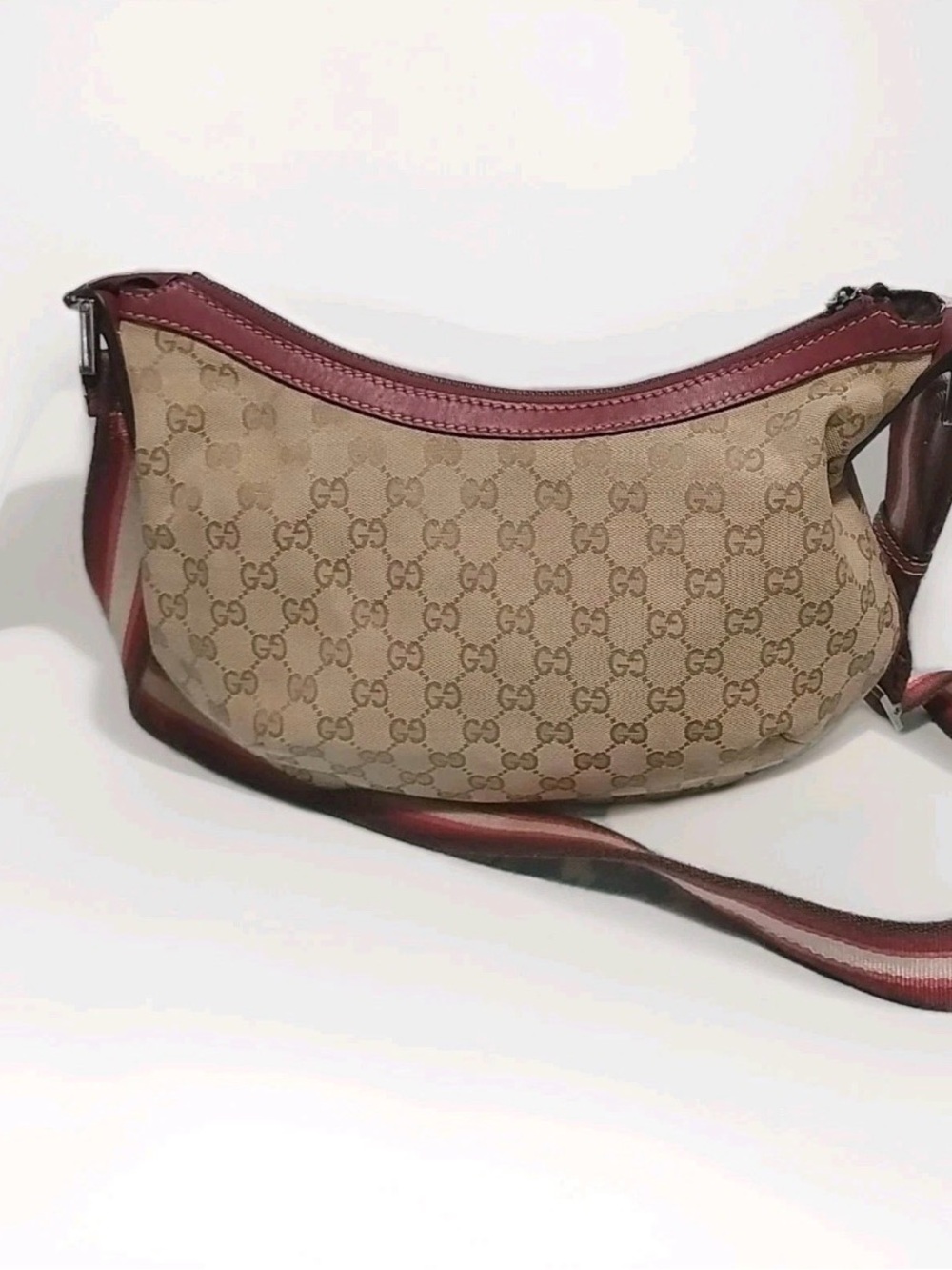 Gucci Beige GG Canvas Crossbody Bag with Burgundy Trim and Striped Strap - Picture 9 of 15